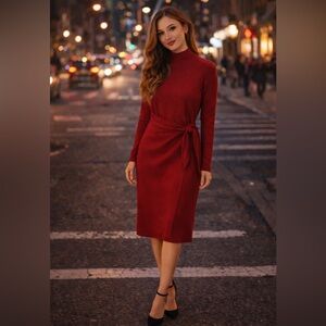 90s Casual Corner Petites Red Mock Neck Faux Wrap Sweater Dress, Sz M ♥️